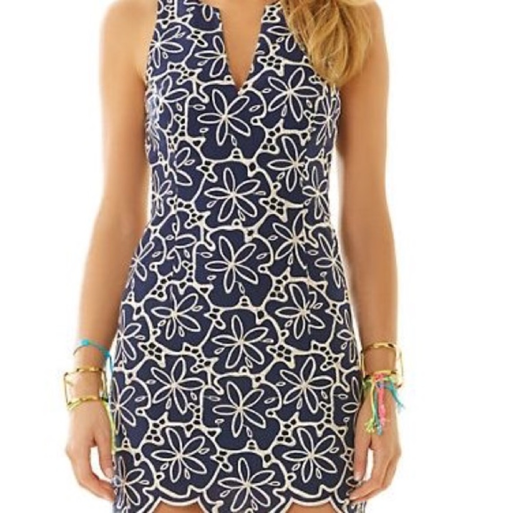 Lilly Pulitzer Gold Embroidery on Navy Sand Dollar Mini Dress